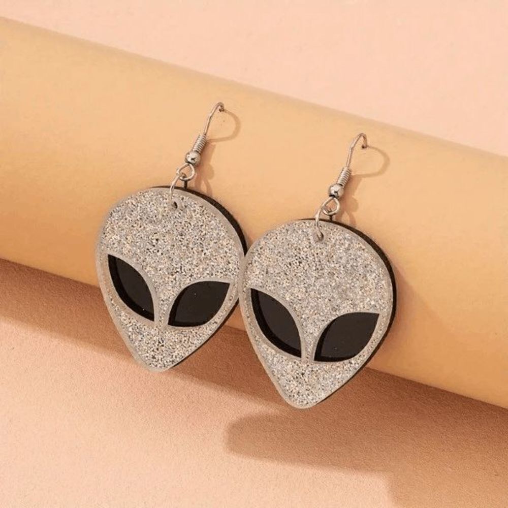 Alien Glittery Silver Dangle Earrings
